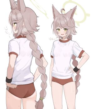 1girl absurdres ahoge animal_ears ass blue_archive brown_hair buruma fox_ears fox_girl green_eyes green_halo gym_uniform halo highres long_braid makura_u9b otogi_(blue_archive) simple_background smile sweat wristband