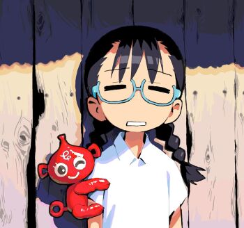 1girl =_= black_hair braid closed_eyes collared_shirt creature facing_viewer glasses kondoo long_hair one_eye_closed original outdoors rectangular_mouth semi-rimless_eyewear shadow shirt short_sleeves solo twin_braids under-rim_eyewear upper_body white_mouth white_shirt