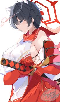 1girl absurdres animal_ears armor bare_shoulders black_hair blue_archive breast_curtain breasts commentary_request detached_sleeves elbow_gloves gloves green_eyes hakama hakama_short_skirt hakama_skirt halo highres huge_breasts jam_(jamjam777) japanese_armor japanese_clothes katana large_breasts nontraditional_miko pelvic_curtain raccoon_ears red_gloves red_halo red_sailor_collar red_shirt red_skirt sailor_collar sheath sheathed shirt short_hair shoulder_armor sideboob sideless_shirt simple_background single_detached_sleeve single_sode skirt sleeveless sleeveless_shirt sode solo sword tsubaki_(blue_archive) unsheathing weapon white_background