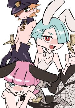 3boys animal_ears blue_eyes blue_hair blunt_bangs blush bow bowtie brief_(psg) brothers fishnets freckles girly_boy green_eyes grin hair_over_one_eye hat holding holding_money male_focus male_playboy_bunny money multiple_boys navel orange_hair panty_&amp;_stocking_with_garterbelt pink_hair police_hat polyester_(psg) polyurethane_(psg) rabbit_ears red_eyes short_hair siblings simple_background smile teeth topless_male white_background wpous121
