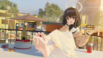 1girl absurdres barefoot birthday_cake black_hair blue_archive blue_eyes blush cake cake_slice feet feet_on_table food hairband han_(hehuihuihui) highres long_hair looking_at_viewer open_mouth soles toes ui_(blue_archive) whipped_cream