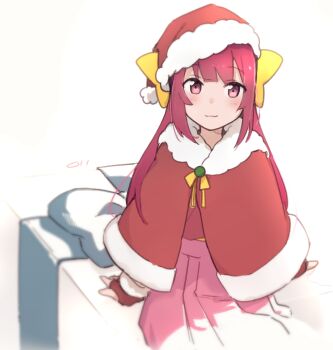 Rule 34 | 1girl, :3, bed, bow, capelet, commentary request, cowboy shot, fingerless gloves, fur-trimmed capelet, fur-trimmed headwear, fur trim, gloves, hair bow, hakama, hat, highres, japanese clothes, kamikaze (kancolle), kantai collection, leaning on object, light smile, long hair, looking at viewer, ma rukan, pink hakama, red capelet, red eyes, red hair, red hat, santa hat, simple background, smile, solo, white background, yellow bow