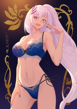 1girl :d blue_bra blue_eyes blue_panties bra braid braided_bangs breasts bright_pupils cleavage commentary commentary_request cowboy_shot english_commentary feather_hair_ornament feathers grey_hair hair_ornament hand_up highres hololive hololive_indonesia large_breasts lingerie long_hair looking_at_viewer mixed-language_commentary multi-strapped_panties navel open_mouth paid_reward_available panties pavolia_reine pawz212 ponytail side-tie_panties smile solo standing stomach underwear underwear_only very_long_hair virtual_youtuber white_pupils