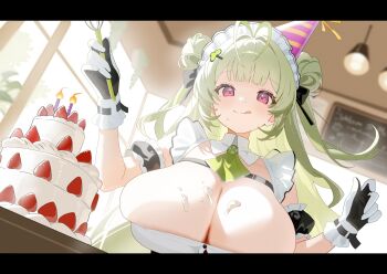 1girl absurdres antenna_hair arm_cuffs ascot birthday_cake black_gloves black_ribbon blush breasts cake candle ceiling chalkboard chest_strap cleavage commentary_request detached_collar double_bun food food_on_body food_on_breasts frills fruit gloves goddess_of_victory:_nikke green_ascot green_hair hair_bun hair_ornament hair_ribbon hanging_light highres holding huge_breasts indoors kotha_art licking_lips maid maid_headdress multicolored_gloves purple_eyes ribbon shirt soda_(nikke) solo strawberry tongue tongue_out two-tone_gloves white_gloves white_shirt window