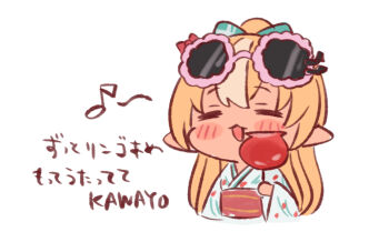 Rule 34 | 1girl, :d, blush stickers, brown hair, candy apple, closed eyes, cropped torso, eighth note, eyewear on head, facing viewer, food, holding, holding food, hololive, japanese clothes, kimono, long hair, long sleeves, multicolored hair, musical note, obi, open mouth, pink-framed eyewear, pointy ears, ponytail, sasaki (glass1138), sash, shiranui flare, simple background, smile, solo, streaked hair, sunglasses, translation request, upper body, virtual youtuber, white background, white hair, white kimono, wide sleeves