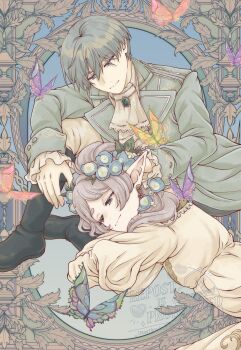 Rule 34 | 1boy, 1girl, aqua jacket, ascot, black boots, blue flower, boots, bug, butterfly, closed mouth, commentary request, couple, dress, earrings, elf, flower, frieren, grey hair, hair between eyes, hand in another's hair, hetero, highres, himmel (sousou no frieren), insect, jacket, jewelry, kisaragiyuri, lap pillow, light smile, long hair, long sleeves, looking at another, mole, mole under eye, pants, parted bangs, pointy ears, puffy long sleeves, puffy sleeves, short hair, sitting, sousou no frieren, thick eyebrows, twitter username, white ascot, white dress, white pants