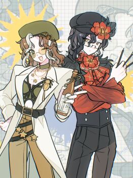 1boy 1girl :< absurdres alcohol ascot belt beret between_fingers black-framed_eyewear black_belt black_hair black_hat black_pants bottle breasts brown_hair bug buttons chinese_commentary choker cleavage coat commentary_request cowboy_shot crossed_arms demi_bourbon drink edgar_valden edgar_valden_(multicolor_printing) flower frilled_shirt_collar frills fur_trim glasses green-tinted_eyewear green_choker green_hat green_nails green_pants green_shirt hair_between_eyes hand_on_own_hip hand_up hat hibiscus highres holding holding_bottle identity_v jewelry lixiao62108 long_sleeves medium_hair mole mole_above_mouth mole_on_breast multicolored_hair navel necklace official_alternate_costume one_eye_closed open_clothes open_coat open_mouth paintbrush pants red_ascot red_shirt round_eyewear semi-rimless_eyewear shirt small_breasts spider star_(symbol) star_necklace streaked_hair tinted_eyewear two-tone_hair white_coat white_streaks yellow-framed_eyewear yellow-tinted_eyewear zoom_layer