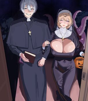 1boy 1girl absurdres black_dress blonde_hair breasts cleavage cleavage_cutout clothing_cutout commentary cross cross_necklace dress english_commentary forced_smile grey_hair guimpe hair_between_eyes halloween_bucket halloween_costume highres hintobento jewelry large_breasts locked_arms long_sleeves looking_at_viewer necklace nun paid_reward_available priest purple_eyes short_hair tentacles wimple wise_(zenless_zone_zero) yidhari_murphy zenless_zone_zero