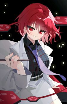 1girl belt black_belt black_shirt blush chimi_(s2yuyukos2) collared_shirt commentary_request drum drumsticks grin highres holding holding_drumsticks horikawa_raiko instrument jacket korean_commentary long_sleeves looking_at_viewer mitsudomoe_(shape) necktie open_clothes open_jacket plaid_clothes plaid_shirt purple_necktie red_eyes red_hair shirt skirt smile solo sweat taiko_drum tomoe_(symbol) touhou white_jacket white_skirt