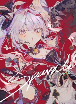 Rule 34 | 1girl, :o, absurdres, animal ears, arm up, bow, braid, cellphone, character name, choker, clothing cutout, cocoballking, commentary, dress, english commentary, facial mark, hat, highres, holding, holding phone, honkai: star rail, honkai (series), looking at viewer, open mouth, phone, pink eyes, rabbit ears, red background, side braids, smartphone, solo, sparkle (honkai: star rail), sparxie (honkai: star rail), twintails, white hair