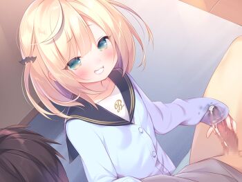 1boy 1girl bat_hair_ornament blonde_hair blue_cardigan blush bottomless cardigan censored cum cum_on_body cum_on_clothes cum_on_penis ejaculation_under_clothes erection flat_chest game_cg green_eyes grin hair_ornament handjob hetero large_variant_set loli mainichi_kiss_shite_lolita mihato_(mainichi_kiss_shite_lolita) mosaic_censoring non-web_source penis penis_under_another&#039;s_clothes piyodera_mucha short_hair sleevejob smile two_side_up variant_set