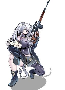 1girl animal_ears black_boots black_jacket black_shirt black_skirt black_thighhighs boots breasts cleavage grey_eyes gun highres holding holding_gun holding_weapon hololive idol_showdown jacket large_breasts lion_ears lion_girl lion_tail long_hair looking_at_viewer official_art scope see-through_cleavage see-through_clothes shirt shishiro_botan shishiro_botan_(1st_costume) single_thighhigh skirt sniper tail thighhighs virtual_youtuber weapon white_hair