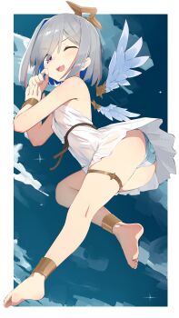 1girl absurdres amane_kanata angel angel_wings barefoot colored_inner_hair commentary dress grey_hair halo highres hololive multicolored_hair one_eye_closed open_mouth panties recklessdraw short_hair solo star_halo underwear wings