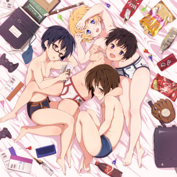 4boys bag barefoot baseball_glove bed bedroom black_briefs black_hair black_male_underwear blonde_hair blue_briefs blue_eyes blue_male_underwear briefs brown_hair candy chips_(food) coke_bottle controller flute food game_controller glasses highres hinahara_hajime hinamizawa_(hina-sawa) indoors instrument male_focus male_underwear multiple_boys notebook orange_eyes purple_eyes red_eyes shota snack underwear underwear_only white_briefs white_male_underwear
