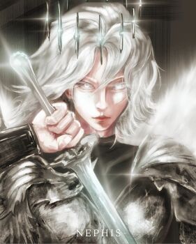 1girl armor artskiddy69 breastplate character_name crown glowing glowing_eyes highres holding holding_sword holding_weapon knight long_hair looking_at_viewer nephis_(shadow_slave) serious shadow_slave shoulder_armor solo sword upper_body very_long_hair weapon white_eyes white_hair