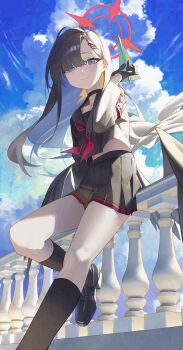1girl against_railing armband black_choker black_gloves black_hair black_sailor_collar black_serafuku black_wings blue_archive choker feathered_wings fukaumi_suichu gloves hair_ornament hairclip halo highres ichika_(blue_archive) long_hair low_wings neckerchief railing red_armband red_halo red_neckerchief safety_pin sailor_collar school_uniform serafuku sitting smile solo unusually_open_eyes wings