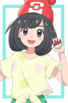 1girl :d aoneko4ao_(edwf7745) beanie black_hair commentary eyelashes green_shorts grey_eyes hand_up happy hat highres holding holding_poke_ball looking_at_viewer medium_hair nintendo open_mouth poke_ball poke_ball_(basic) pokemon pokemon_sm red_hat selene_(pokemon) shirt short_sleeves shorts smile solo teeth tied_shirt upper_teeth_only yellow_shirt