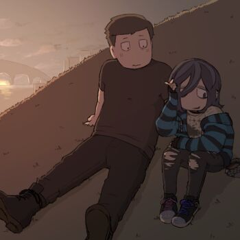 Rule 34 | 1boy, 1other, absurdres, alternate costume, angel martinez, blush, boots, brown hair, cigarette, clinical trial (game), converse, denim, eyeshadow, grass, highres, holding, holding cigarette, homunculus100, hood, hoodie, jeans, jitome, lee smith, makeup, other with male, outdoors, pants, scene fashion, shirt, shoes, sitting, smirk, sneakers, t-shirt, toon (style), torn clothes, torn jeans, torn pants, wavy mouth