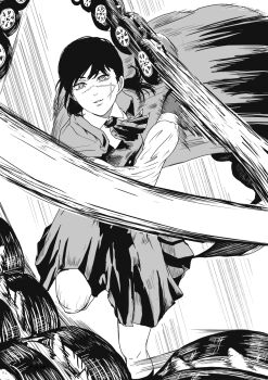 1girl cape chainsaw_man collared_shirt dress facial_scar gloves greyscale highres holding holding_whip k.rikina long_hair long_sleeves monochrome ringed_eyes scar scar_on_cheek scar_on_face scar_on_nose shirt solo yoru_(chainsaw_man)