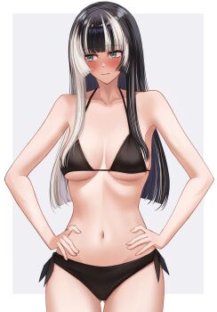 1girl absurdres alternate_costume averting_eyes bikini black_bikini black_hair blue_eyes blunt_bangs blush breasts cleavage closed_mouth commentary_request gluteal_fold grey_background grey_hair halterneck hands_on_own_hips highres hime_cut hololive hololive_dev_is juufuutei_raden long_hair long_sidelocks medium_breasts mino_(miiiinon611) multicolored_hair navel side-tie_bikini_bottom sidelocks simple_background solo stomach straight_hair streaked_hair swimsuit two-tone_hair virtual_youtuber
