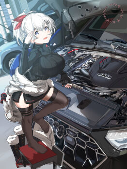 1girl absurdres armband black_gloves black_shirt blush boots bow breasts brown_thighhighs car coat_around_waist damingjiuai_sevens fingerless_gloves gloves hair_ornament hairclip hand_up highres indoors large_breasts motor_vehicle open_car_hood original red_bow shirt single_glove solo standing standing_on_one_leg steelblue_mirage thighhighs unworn_armband unworn_boots watermark white_hair zettai_ryouiki