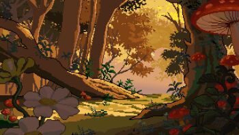 fallen_tree flower forest grass hashtag-only_commentary highres kroizzz mushroom nature no_humans original pixel_art plant scenery tree vines white_flower yellow_flower