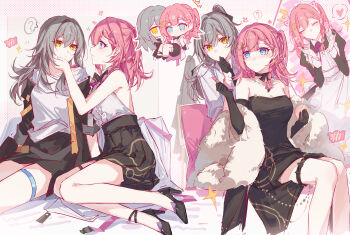 2girls ? absurdres alternate_costume asta_(honkai:_star_rail) bare_shoulders black_dress black_hair black_jacket black_skirt blue_eyes breasts carrying center_frills chinese_commentary cleavage commentary_request dress elbow_gloves enmaided feather_boa frills gloves grey_hair hair_between_eyes hand_on_another's_face hands_up highres holding honkai:_star_rail honkai_(series) jacket light_blush long_hair looking_at_another maid medium_breasts multiple_girls off-shoulder_dress off_shoulder pink_hair princess_carry shirt sitting skirt spoken_question_mark stelle_(honkai:_star_rail) trailblazer_(honkai:_star_rail) white_shirt yajuu yellow_eyes yuri
