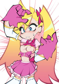 1girl absurdres accidental_exposure blonde_hair breasts detached_sleeves earrings gloves highres jewelry long_hair magical_girl multicolored_hair okitya panty_&amp;_stocking_with_garterbelt panty_(psg) pink_gloves pink_skirt skirt small_breasts surprised sweatdrop thighhighs twintails two-tone_hair