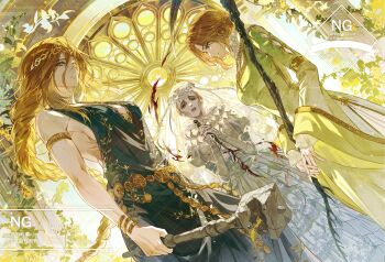 3girls absurdres armlet belt black_dress blonde_hair blood blood_on_clothes blood_on_stomach bloodborne bloody_clothes bloody_dress blue_eyes bracelet braid breasts circlet cleavage commentary_request crossover dark_souls_(series) dark_souls_ii dress dutch_angle elden_ring gold_armlet gold_belt gold_bracelet gold_circlet green_dress hammer highres holding holding_hammer holding_scythe jewelry korean_commentary large_breasts metal_belt multiple_crossover multiple_girls nashandra queen_marika_the_eternal rakita scythe single_braid skirt sleeveless sleeveless_dress sleeves_past_wrists veil wedding_dress white_skirt yellow_eyes yharnam_phtumerian_queen