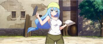 1girl aqua_(konosuba) armpit_crease bandana blue_eyes blue_hair breasts brick_wall building closed_mouth collarbone cowboy_shot day game_cg green_bandana green_pants hair_between_eyes hands_up highres holding kono_subarashii_sekai_ni_shukufuku_wo! konosuba!_fantastic_days light_blush long_hair looking_at_viewer low-tied_long_hair medium_breasts official_alternate_costume official_alternate_hairstyle official_art outdoors pants shirt sidelocks smile solo standing tachi-e white_shirt