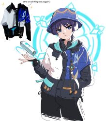 Rule 34 | 1boy, adapted costume, black jacket, black pants, blue eyes, blue hat, blue jacket, bridal gauntlets, bucket hat, commentary, english commentary, english text, frown, genshin impact, hand in pocket, hat, highres, jacket, looking at viewer, male focus, miyan (oceanmaiden), multicolored clothes, multicolored jacket, pants, photo inset, reference inset, scaramouche (genshin impact), solo, sparkle, wanderer (genshin impact), white background, white jacket