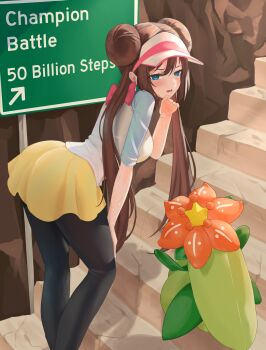 2girls black_pantyhose blue_eyes blush breasts brown_hair donut_hair_bun double_bun flower gen_5_pokemon green_hair hair_bun hat highres large_breasts lilligant long_hair monster_girl multiple_girls nintendo open_mouth outdoors pantyhose pantyhose_under_shorts plant_girl pokemon pokemon_(creature) pokemon_bw2 raglan_sleeves revvie road_sign rosa_(pokemon) shirt shorts sign stairs stone_stairs sweat twintails visor_cap yellow_shorts