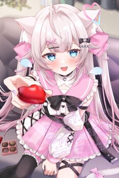 1girl ahoge amagami_amane_(vtuber) animal_ears black_thighhighs blue_eyes box box_of_chocolates candy cat_ears cat_girl chocolate chocolate_heart commentary_request commission detached_sleeves food hair_intakes hair_ornament hair_ribbon heart heart-shaped_food highres holding holding_chocolate holding_food incoming_food indie_virtual_youtuber long_hair long_sleeves looking_at_viewer open_mouth pink_hair pink_ribbon pink_sailor_collar pink_skirt ribbon sailor_collar second-party_source shirt single_thighhigh sitting skirt sleeveless sleeveless_shirt solo thighhighs tojo_(natumi1412) twintails valentine virtual_youtuber watermark white_shirt white_sleeves x_hair_ornament