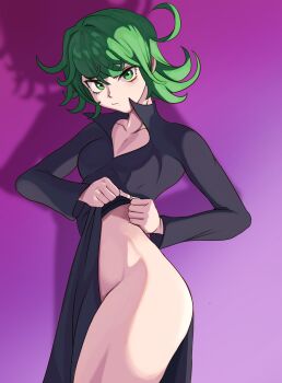 1girl absurdres annoyed ass black_dress breasts clothes_lift commentary curly_hair dress english_commentary facing_to_the_side flipped_hair gradient_background green_eyes green_hair grey_hair highres looking_at_viewer milkmountain naked_dress no_panties one-punch_man petite purple_background single_bare_leg small_breasts standing tatsumaki thighs undressing