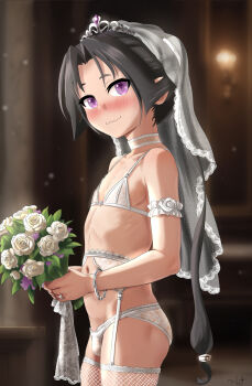 1boy absurdres adonis_belt bare_arms bare_pectorals bare_shoulders bishounen black_hair blush bouquet bra bracelet bride bulge choker crossdressing crossdressing_(mtf) dress embarrassed fishnets flatculture flower garter_belt highres holding holding_bouquet houjou_tokiyuki_(nige_jouzu_no_wakagimi) jewelry lace looking_at_viewer male_focus navel nige_jouzu_no_wakagimi panties pectorals ponytail purple_eyes ring shota stomach thighhighs tiara underwear underwear_only veil wedding_dress