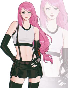 1girl arm_behind_back artist_name black_gloves black_skirt black_thighhighs black_trim chromatic_aberration commentary cosplay cowboy_shot crop_top earrings elbow_gloves english_commentary eyelashes facial_mark final_fantasy final_fantasy_vii final_fantasy_vii_remake fingerless_gloves floating_hair forehead_mark gloves green_eyes hand_on_belt haruno_sakura highres jewelry light_smile lipgloss long_hair low-tied_long_hair midriff miniskirt naruto_(series) navel pink_hair sideways_glance single_earring skirt suspenders swept_bangs tank_top tenartistt thighhighs tifa_lockhart tifa_lockhart_(cosplay) watermark white_background white_tank_top zoom_layer