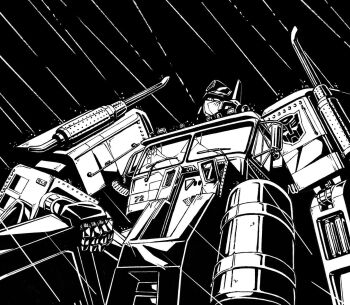 autobot commentary english_commentary greyscale highres looking_up mecha mecha_focus monochrome no_humans optimus_prime protected_link rain reece_b_scott robot science_fiction sitting transformers transformers:_generation_1