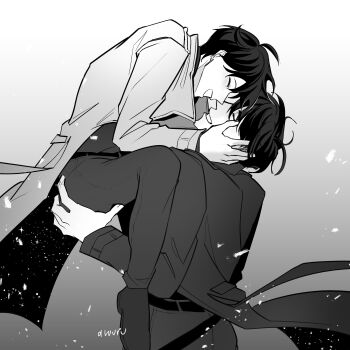 2boys absurdres areuwuu black_coat black_hair black_shirt closed_eyes coat full_body greyscale grin hand_on_another's_ass hand_on_another's_face highres hug kim_dokja male_focus monochrome multiple_boys omniscient_reader's_viewpoint open_clothes open_coat shirt short_hair smile white_coat wind yaoi yoo_joonghyuk