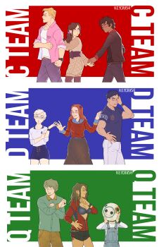 4girls 5boys artist_name belt black_bra black_jacket black_nails black_sash black_shirt black_shorts blonde_hair blue-framed_eyewear blue_eyes blue_overalls blue_shirt blue_shorts blush border bra breast_pocket breasts brooch brown_belt brown_hair brown_pants buttons carlos_(kyokugen_dasshutsu) closed_mouth collared_shirt commentary cowboy_shot crack denim diana_(kyokugen_dasshutsu) dress earrings english_commentary english_text eric_(kyokugen_dasshutsu) eyelashes flower glasses green_eyes green_shirt hair_flower hair_ornament hand_on_another's_back helmet high-waist_shorts highres holding_hands hoop_earrings jacket jeans jewelry junpei_(kyokugen_dasshutsu) keycrash kurashiki_akane kyokugen_dasshutsu lips long_hair long_sleeves mira_(kyokugen_dasshutsu) mismatched_eyebrows multiple_boys multiple_girls muscular muscular_male nail_polish open_clothes open_jacket orange_hair overalls pants pantyhose partially_unzipped phi_(kyokugen_dasshutsu) pink_jacket pocket purple_eyes q_(kyokugen_dasshutsu) red_eyes red_jacket red_sweater roman_numeral rust sash shirt shirt_under_sweater short_hair short_shorts shorts side_ponytail sigma_(kyokugen_dasshutsu) smile striped_clothes striped_shirt sweater sweater_dress underwear very_short_hair watch white_border white_hair white_shirt wristwatch zero_escape:_toki_no_dilemma