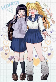 2girls absurdres alternate_costume alternate_universe arm_up asako_(itiba) backpack bag blonde_hair blunt_bangs blush character_doll character_name closed_eyes collarbone commentary couple doll fang full_body hair_between_eyes happy highres hug_from_side hyuuga_hinata kurama_(naruto) layered_clothes long_sleeves looking_at_viewer multiple_girls naruko_(naruto) naruto_(series) no_pupils open_mouth purple_eyes purple_hair sailor_collar school_uniform sharp_teeth skirt smile standing sweatdrop sweater teeth thighs twintails v wavy_hair yuri