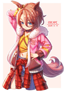1girl animal_ears asymmetrical_clothes asymmetrical_pants blue_eyes blush breasts brown_hair closed_mouth clothes_around_waist commentary_request creape denim ear_ornament fur-trimmed_jacket fur_trim hair_between_eyes highres horse_ears horse_girl horse_tail horseshoe jacket jacket_around_waist jeans long_sleeves midriff narita_taishin_(nevertheless)_(umamusume) narita_taishin_(umamusume) navel pants pink_jacket shirt short_hair single_pantsleg small_breasts solo tail tank_top tied_shirt torn_clothes torn_jeans torn_pants umamusume yellow_shirt yellow_tank_top