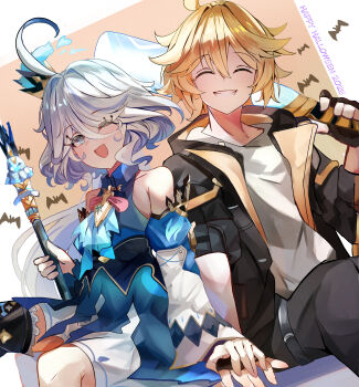 1boy 1girl absurdres aether_(genshin_impact) ahoge alternate_costume bare_shoulders bimmy black_jacket black_pants blonde_hair blue_eyes caelus_(honkai:_star_rail) caelus_(honkai:_star_rail)_(cosplay) cerydra_(honkai:_star_rail) cerydra_(honkai:_star_rail)_(cosplay) closed_eyes commentary company_connection cosplay crossover crown detached_sleeves english_commentary english_text furina_(genshin_impact) genshin_impact halloween_costume happy_halloween highres holding holding_hands holding_scepter honkai:_star_rail honkai_(series) jacket looking_at_viewer mini_crown one_eye_closed open_clothes open_jacket pants scepter shirt sitting smile trailblazer_(honkai:_star_rail) white_hair white_shirt