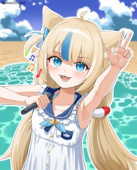 1girl absurdres animal_ears arm_up beach blonde_hair blue_eyes blue_hair blue_sky cat_ears cloud dress highres holding holding_microphone indie_virtual_youtuber long_hair looking_at_viewer low_twintails microphone musical_note nihto one_side_up outdoors sameko_saba sameko_saba_(1st_costume) sand sky sleeveless sleeveless_dress smile solo twintails very_long_hair virtual_youtuber water white_dress