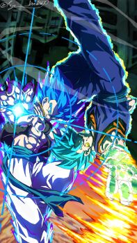 Rule 34 | 2boys, absurdres, arm blade, aura, black vest, blue eyes, blue hair, blue pants, blue sash, blue shirt, cropped vest, dougi, dragon ball, dragon ball super, dragon ball super broly, earrings, energy ball, energy blade, gloves, gogeta, highres, jewelry, medium hair, metamoran vest, multiple boys, no shirt, open clothes, open vest, orange shirt, pants, potara earrings, rotational symmetry, ryo lovevegito, sash, shirt, spiked hair, super saiyan, super saiyan blue, upside-down, vegetto, vest, weapon, white gloves, white pants