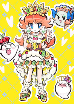 Rule 34 | 2girls, absurdres, blue eyes, boo (mario), bow (paper mario), brown hair, cherry, crown, dress, earrings, floral background, flower earrings, food, food-themed clothes, fruit, ghost, heart, highres, holding, holding ice cream cone, ice cream, ice cream cone, jewelry, long hair, mario (series), multiple girls, nintendo, paper mario, paper mario 64, princess daisy, rakugaki shitagari-ya, smile, v