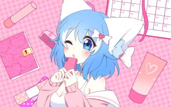 Rule 34 | ;o, animal ear fluff, animal ears, bandaid, bare shoulders, blue eyes, blue hair, bow, breasts, calendar (object), cellphone, cleavage, comb, commentary, diary, dot nose, english commentary, hair bow, highres, holding, holding phone, indie virtual youtuber, multicolored hair, off-shoulder sweater, off shoulder, one eye closed, pale skin, phone, plaid background, sweater, virtual youtuber, wolf ears, wolf girl, wolfychu, wolfychu (artist)