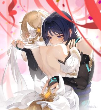 Rule 34 | 1boy, 1girl, artist name, backless dress, backless outfit, bare shoulders, black bridal gauntlets, blonde hair, bow, braid, bridal gauntlets, clothes grab, commentary, detached sleeves, dress, english commentary, eyeliner, genshin impact, gold ring, hair bow, hand on another's shoulder, hetero, highres, hug, kotokate, lumine (as heaven and earth are made anew) (genshin impact), lumine (genshin impact), makeup, neckwear grab, purple eyes, purple hair, red eyeliner, scaramouche (genshin impact), scarf, scarf grab, short hair, short hair with long locks, wanderer (genshin impact), white bow, white dress, white scarf