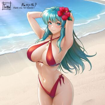 Rule 34 | 1girl, absurdres, alternate costume, aqua hair, armpits, arms up, bare arms, bare shoulders, beach, bikini, blue eyes, blue hair, blush, breasts, cleavage, closed mouth, collarbone, eirika (fire emblem), fire emblem, fire emblem: the sacred stones, flower, hair flower, hair ornament, highres, jewelry, large breasts, long hair, looking at viewer, navel, necklace, nintendo, ocean, outdoors, red bikini, sideboob, smile, solo, stomach, swimsuit, thighs, tomo eokaiteru, underboob, very long hair, water