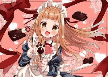 +_+ 1girl :d apron black_dress blush brown_eyes brown_hair chocolate collared_dress commentary_request dress dutch_angle floating_hair frilled_apron frills heart highres holding ichihara_nina idolmaster idolmaster_cinderella_girls idolmaster_cinderella_girls_starlight_stage juliet_sleeves long_hair long_sleeves looking_at_viewer maid maid_apron maid_headdress open_mouth pink_background plaid_clothes plaid_dress puffy_sleeves rino_cnc simple_background smile solo unmoving_pattern very_long_hair white_apron