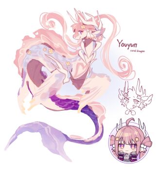 absurdres ahoge antlers bad_tag chibi chibi_inset commentary dragon eastern_dragon english_commentary fantasy floating flower flowing_hair gradient_background hair_bun hair_flower hair_ornament hair_ribbon highres honkai_(series) honkai_impact_3rd horns long_body long_hair multiple_horns mythical_creature pastel_colors pink_hair purple_eyes ribbon round_face scales small_horns tail tongjimonci watercolor_effect white_background youyun_(honkai_impact)